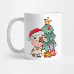 Cute cow near the Christmas tree. Symbol of the year 2021. Mug